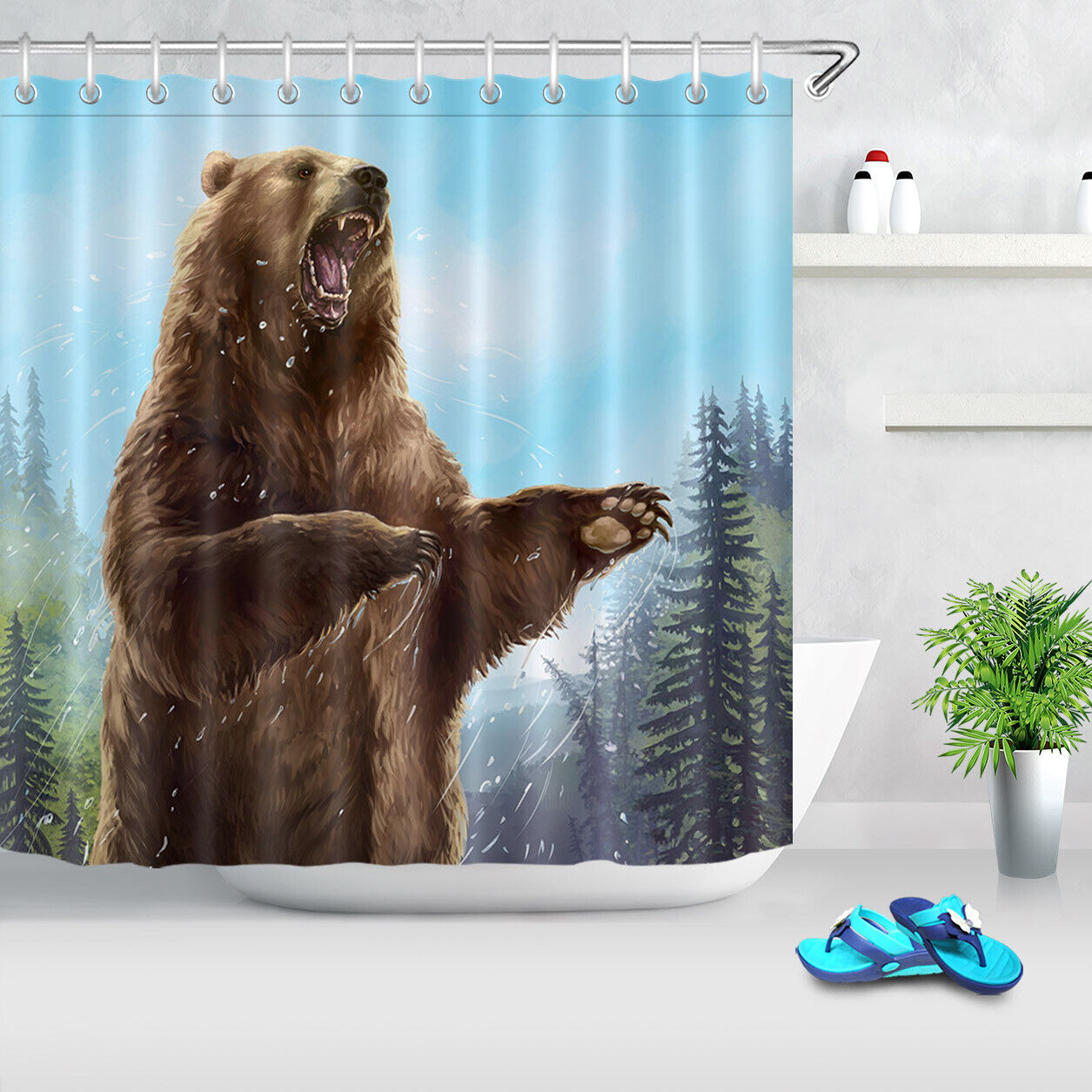 Roaring Brown Bear Pine Forest Fabric Shower Curtain for a Rustic and Cozy Vibe