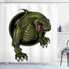 Roaring T-Rex Dinosaur Shower Curtain | Mascot Horror Theme | Cloth Fabric Bathroom Decor (Olive Green Brown)
