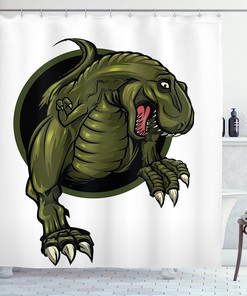 Roaring T-Rex Dinosaur Shower Curtain | Mascot Horror Theme | Cloth Fabric Bathroom Decor (Olive Green Brown)