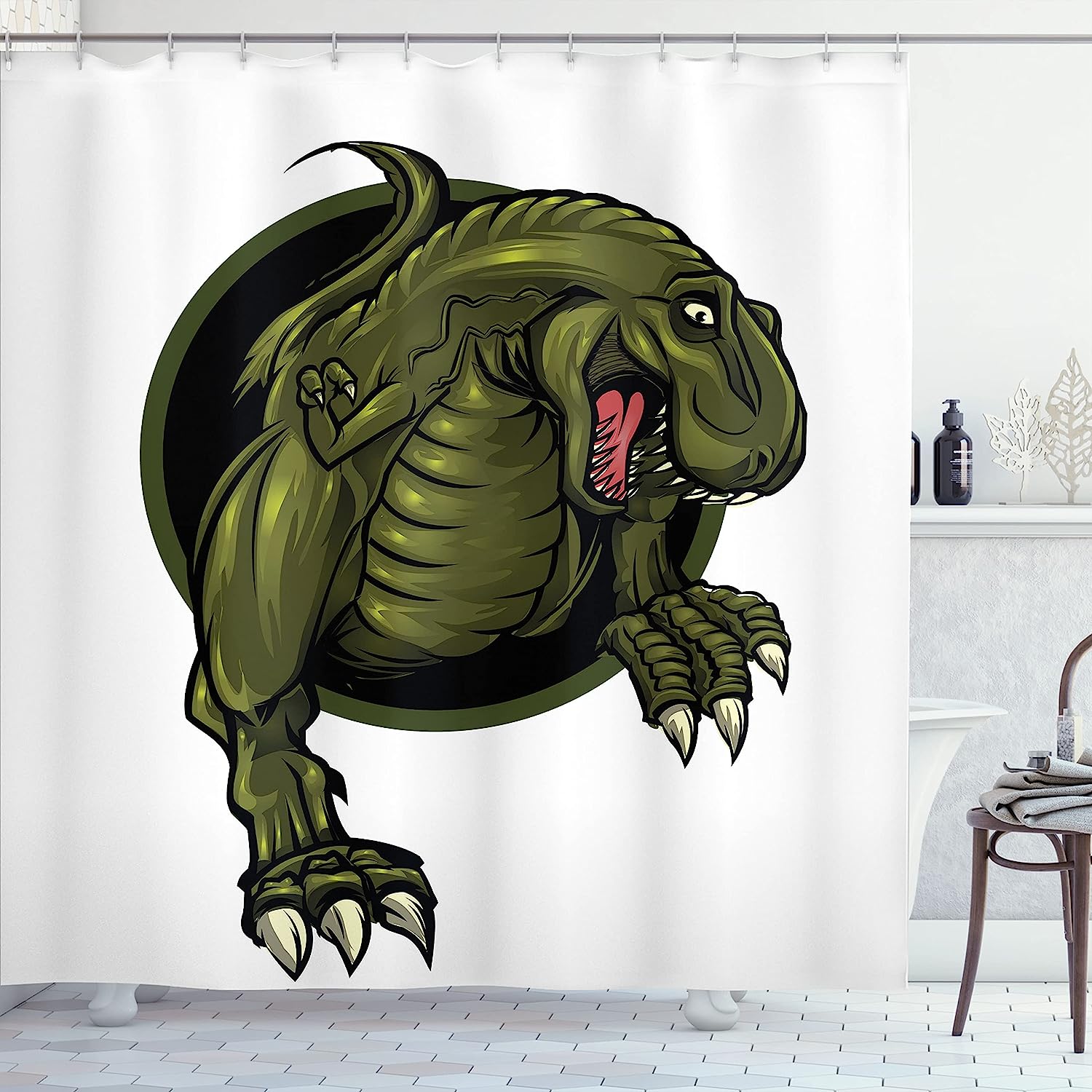 Roaring T-Rex Dinosaur Shower Curtain | Mascot Horror Theme | Cloth Fabric Bathroom Decor (Olive Green Brown)
