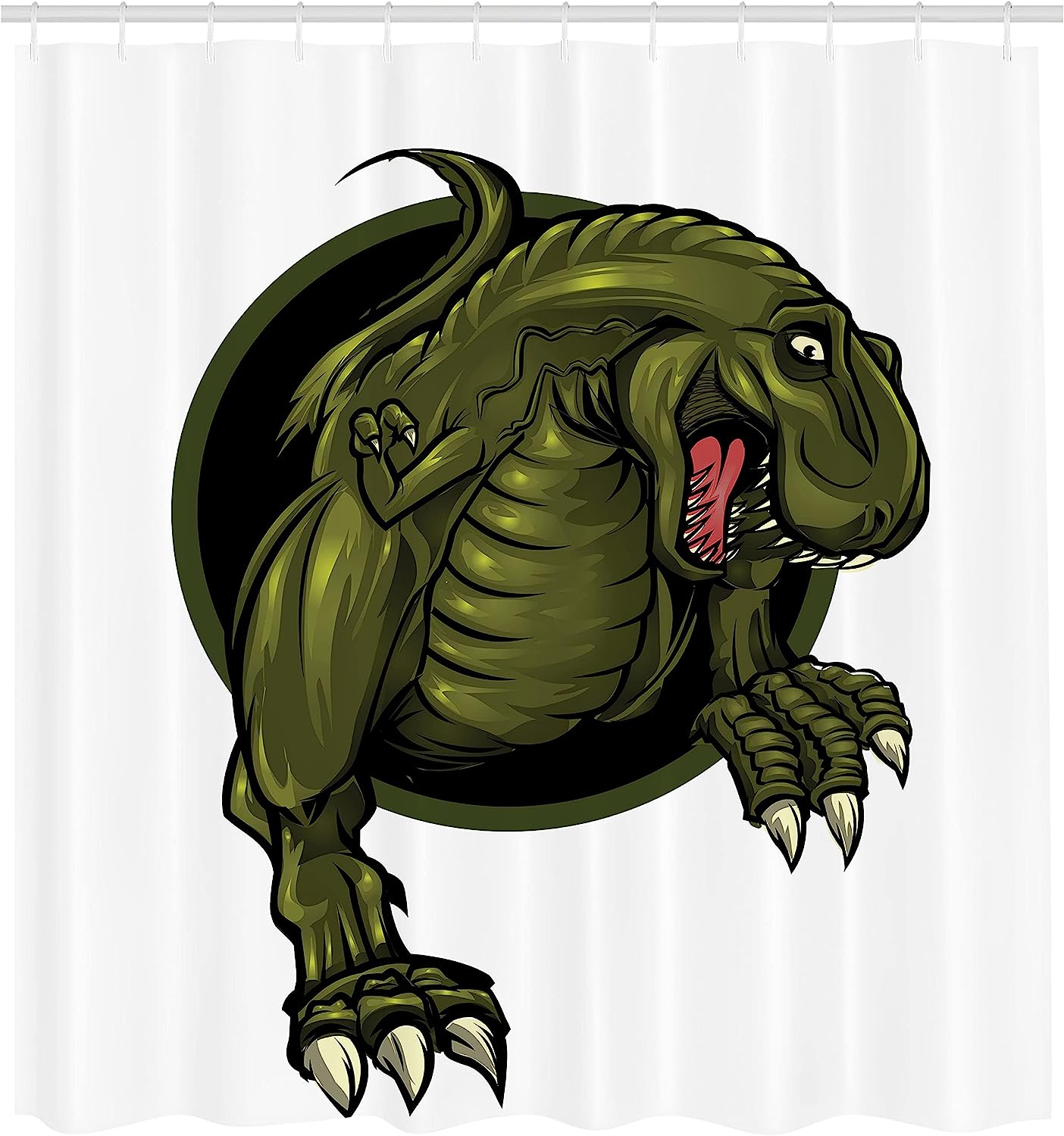 Roaring T-Rex Dinosaur Shower Curtain | Mascot Horror Theme | Cloth Fabric Bathroom Decor (Olive Green Brown) - Image 2