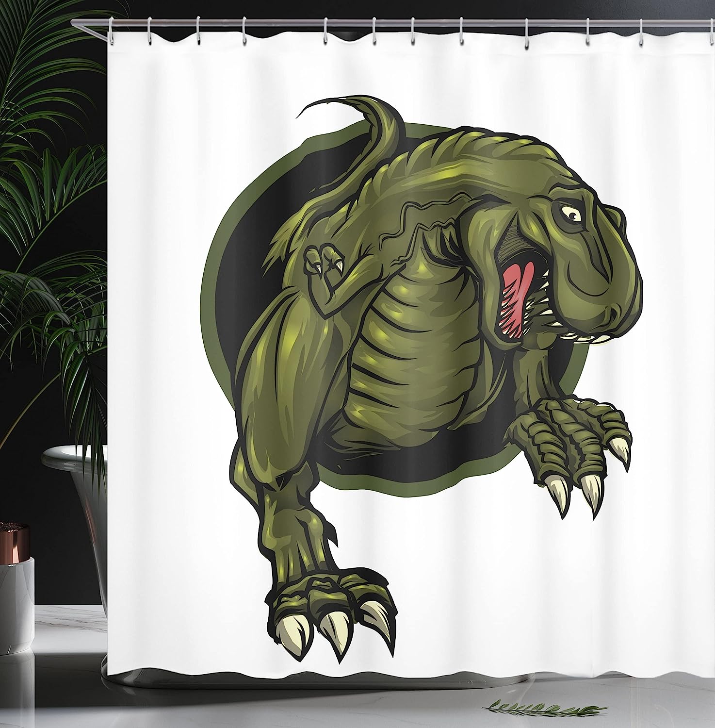 Roaring T-Rex Dinosaur Shower Curtain | Mascot Horror Theme | Cloth Fabric Bathroom Decor (Olive Green Brown) - Image 3