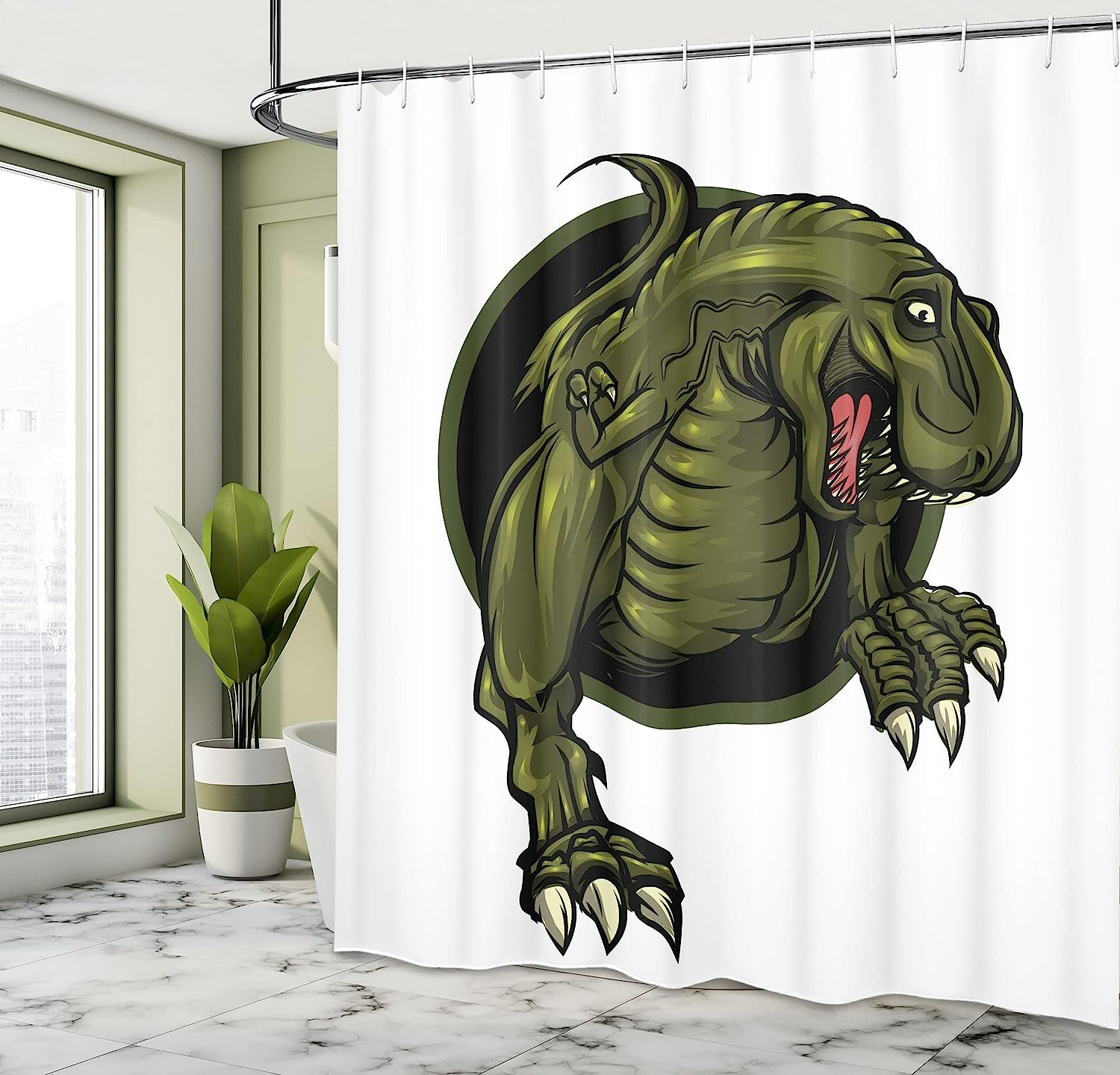 Roaring T-Rex Dinosaur Shower Curtain | Mascot Horror Theme | Cloth Fabric Bathroom Decor (Olive Green Brown) - Image 4