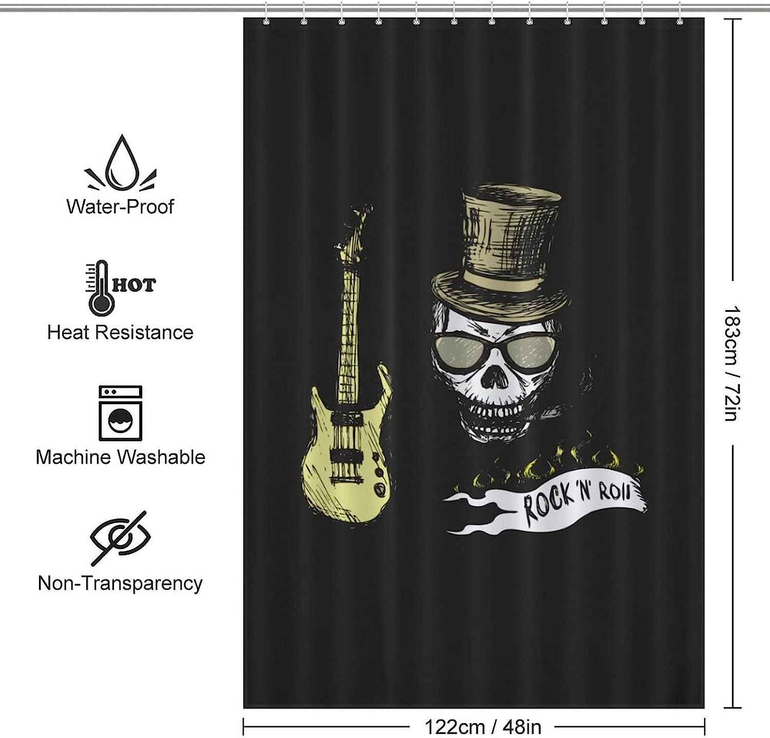 Rock Roll Skull Fabric Shower Curtain - Music Skull Bathroom Decor