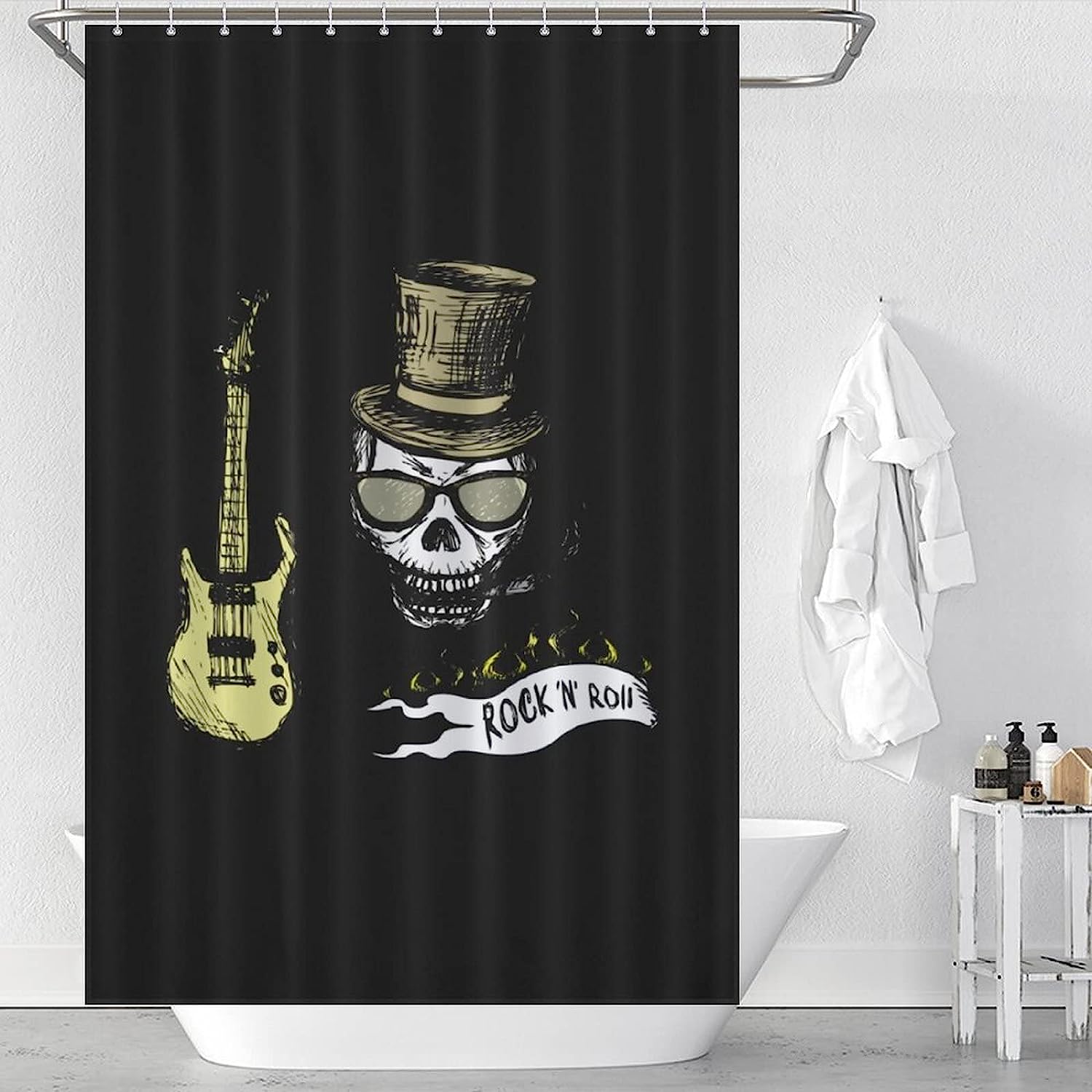 Rock Roll Skull Fabric Shower Curtain - Music Skull Bathroom Decor