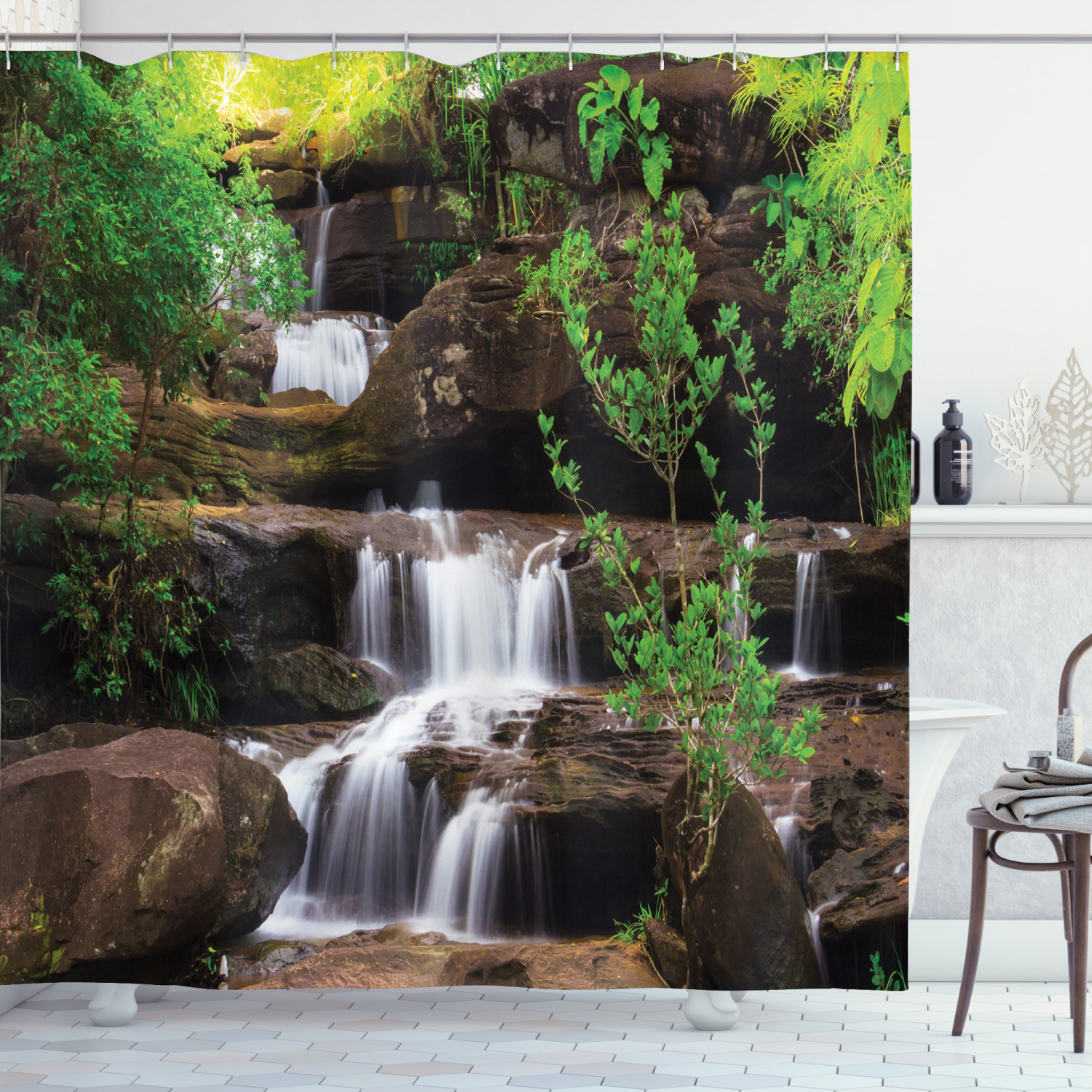 Rock Stair in Waterfall Print Shower Curtain for a Bold and Adventurous Bathroom Decor