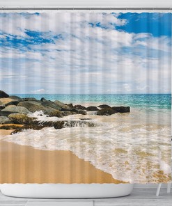 Rocky Beach View Shower Curtain, Stunning Window Sea View with Artwork and Home Decoration for Your Bathroom
