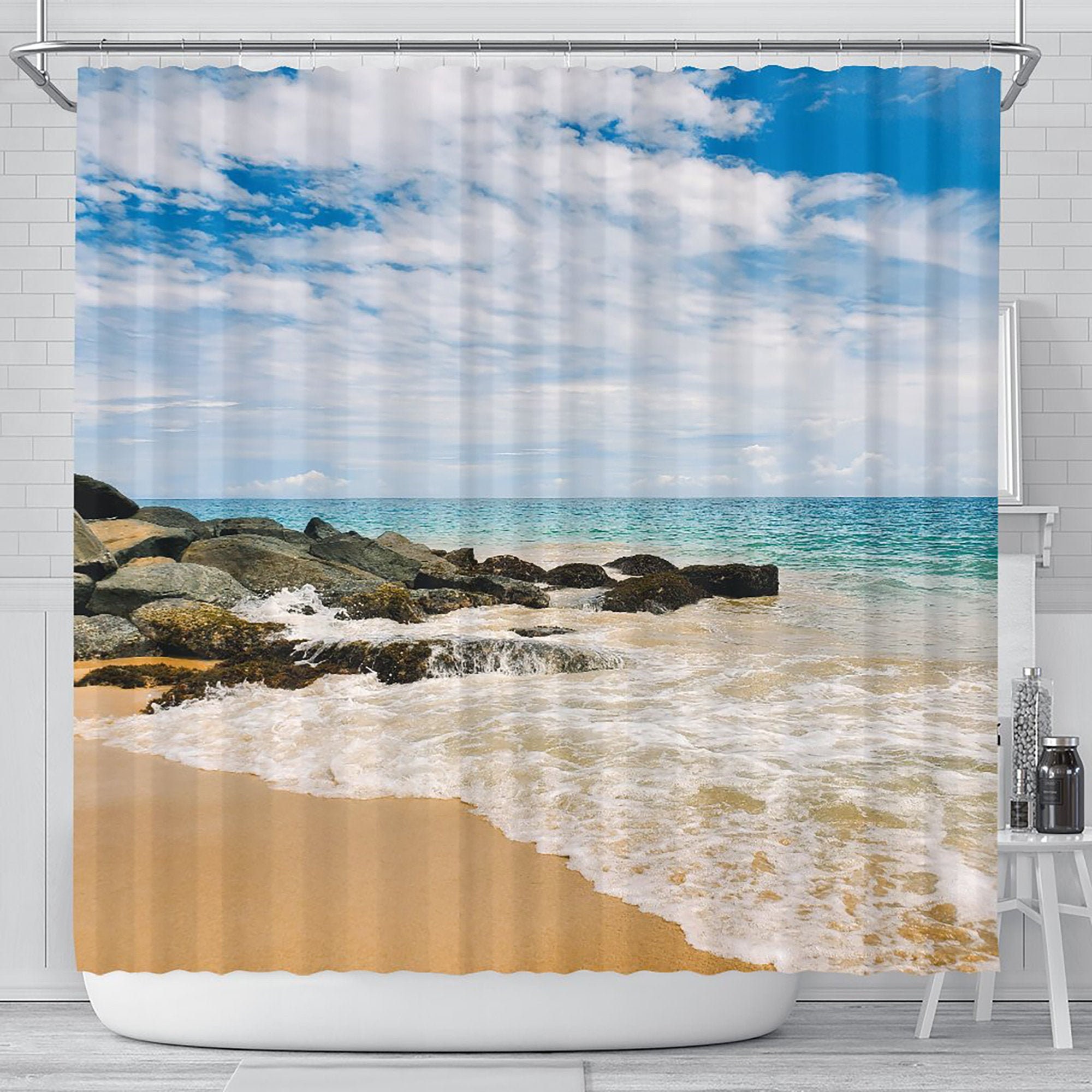 Rocky Beach View Shower Curtain, Stunning Window Sea View with Artwork and Home Decoration for Your Bathroom