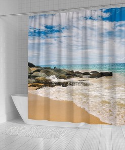 Rocky Beach View Shower Curtain, Stunning Window Sea View with Artwork and Home Decoration for Your Bathroom