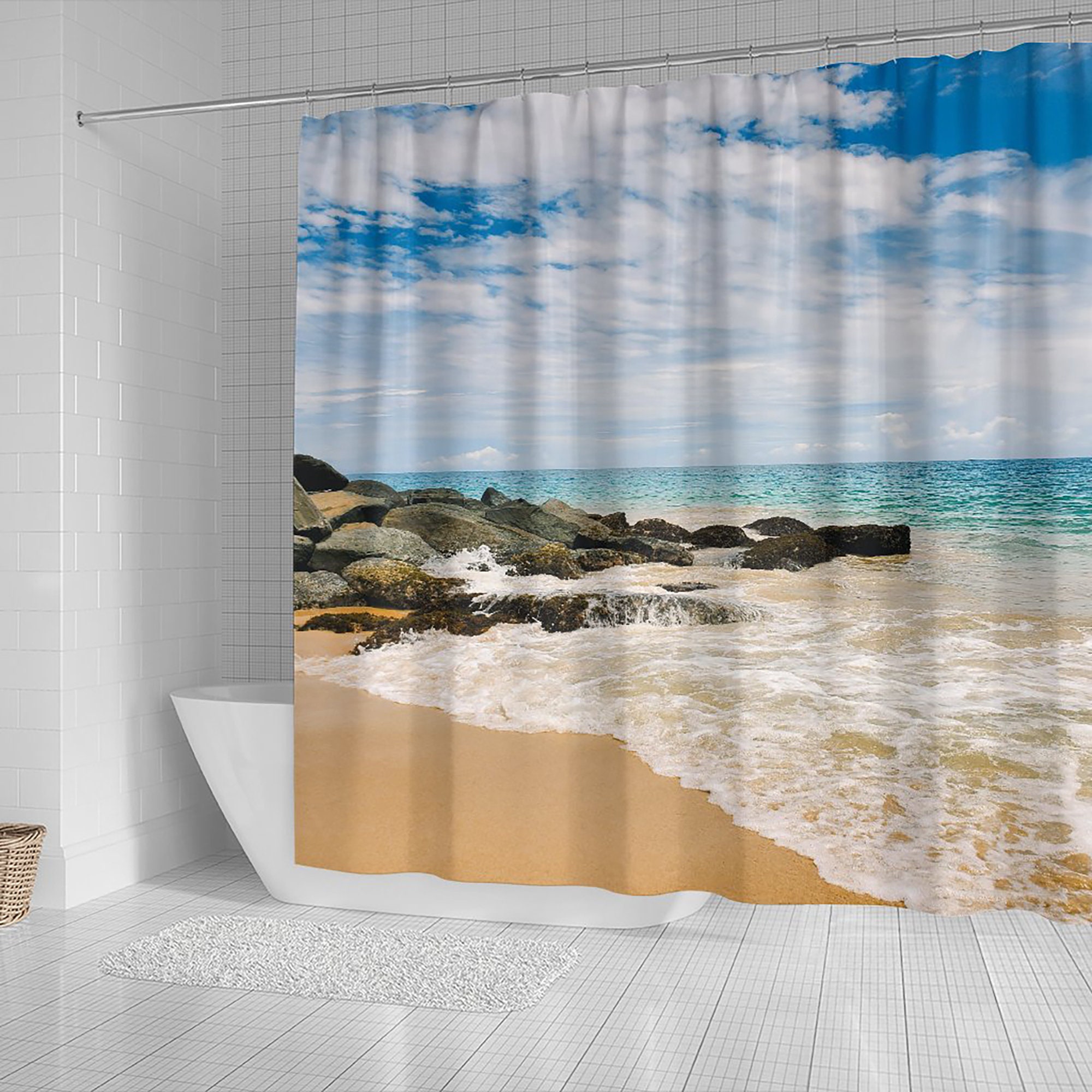 Rocky Beach View Shower Curtain, Stunning Window Sea View with Artwork and Home Decoration for Your Bathroom