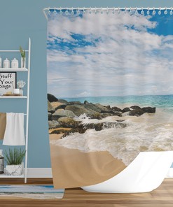 Rocky Beach View Shower Curtain, Stunning Window Sea View with Artwork and Home Decoration for Your Bathroom