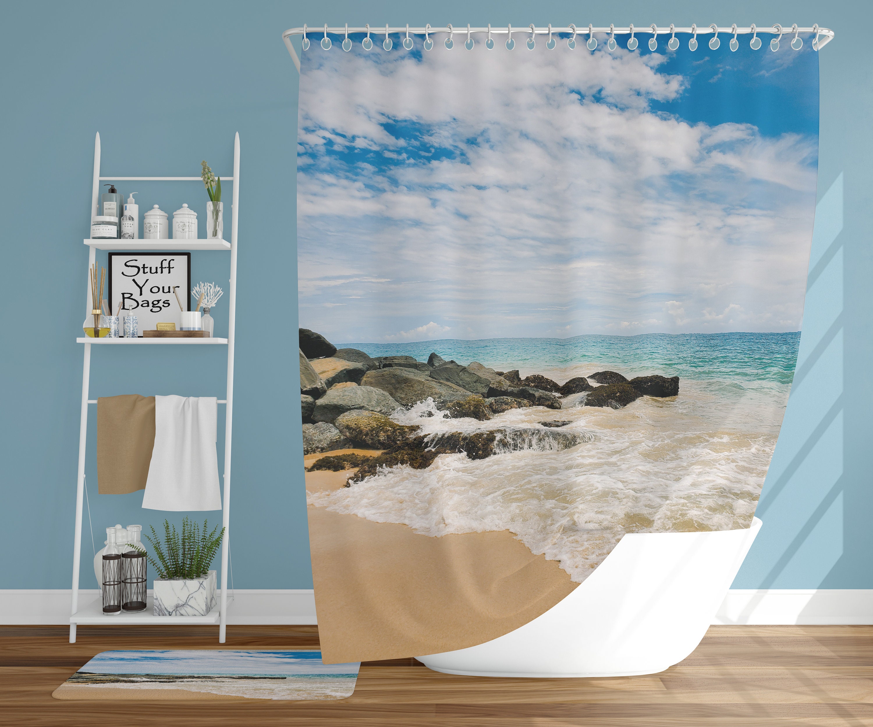Rocky Beach View Shower Curtain, Stunning Window Sea View with Artwork and Home Decoration for Your Bathroom