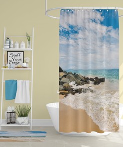 Rocky Beach View Shower Curtain, Stunning Window Sea View with Artwork and Home Decoration for Your Bathroom