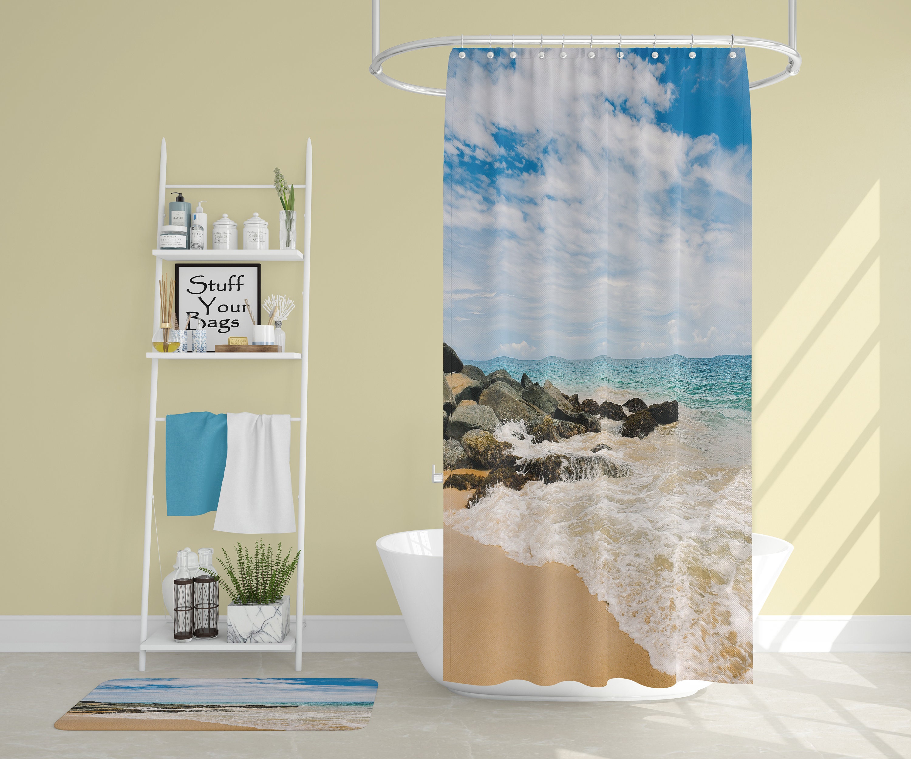 Rocky Beach View Shower Curtain, Stunning Window Sea View with Artwork and Home Decoration for Your Bathroom