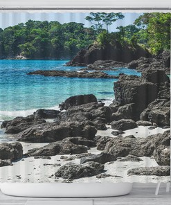 Rocky Sea View Island Shore Shower Curtain with Tropical Vibe