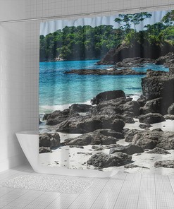 Rocky Sea View Island Shore Shower Curtain with Tropical Vibe