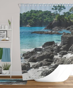Rocky Sea View Island Shore Shower Curtain with Tropical Vibe