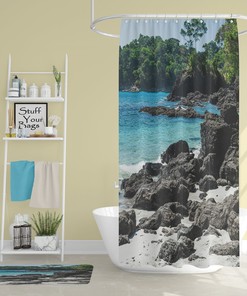 Rocky Sea View Island Shore Shower Curtain with Tropical Vibe