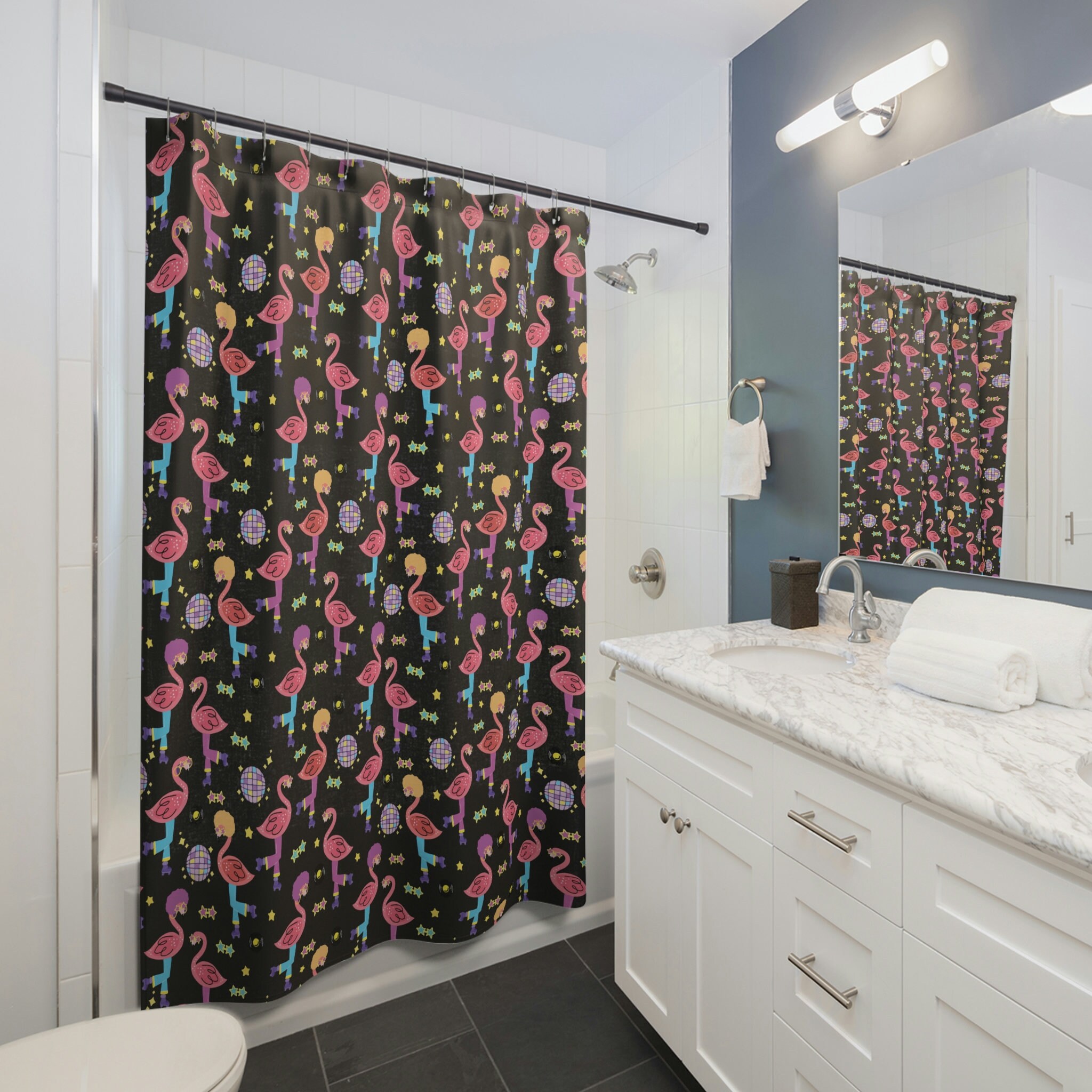 Roller Disco Flamingo Shower Curtain with Colorful Print and Decorative Design for Your Bathroom