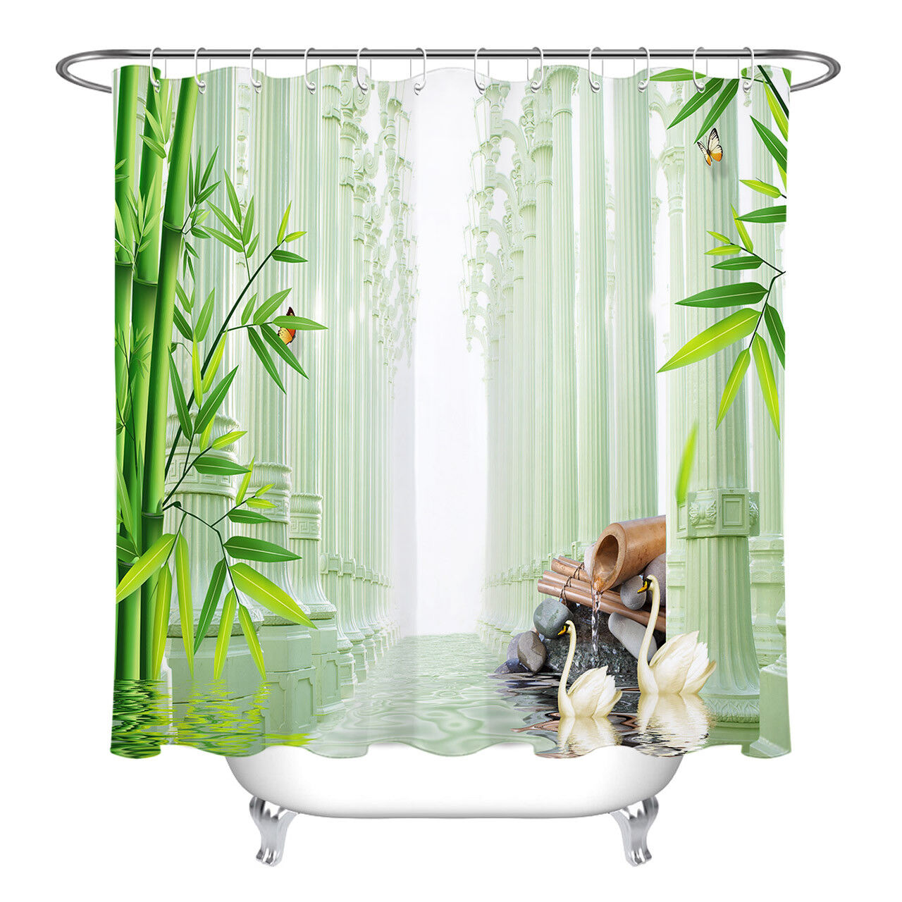 Roman Column and Bamboo Spa Shower Curtain, Highly Durable Fabric for Your Bathroom Decor