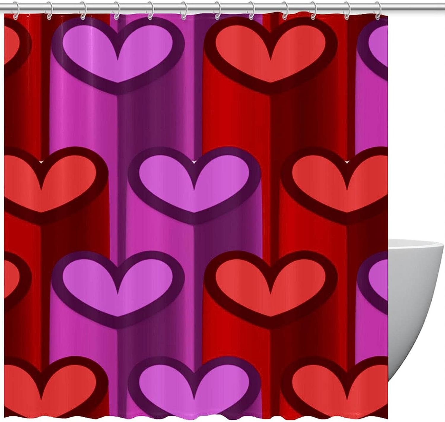 Romantic 3D Purple Red Heart Love Pattern Shower Curtain For Your Bathroom