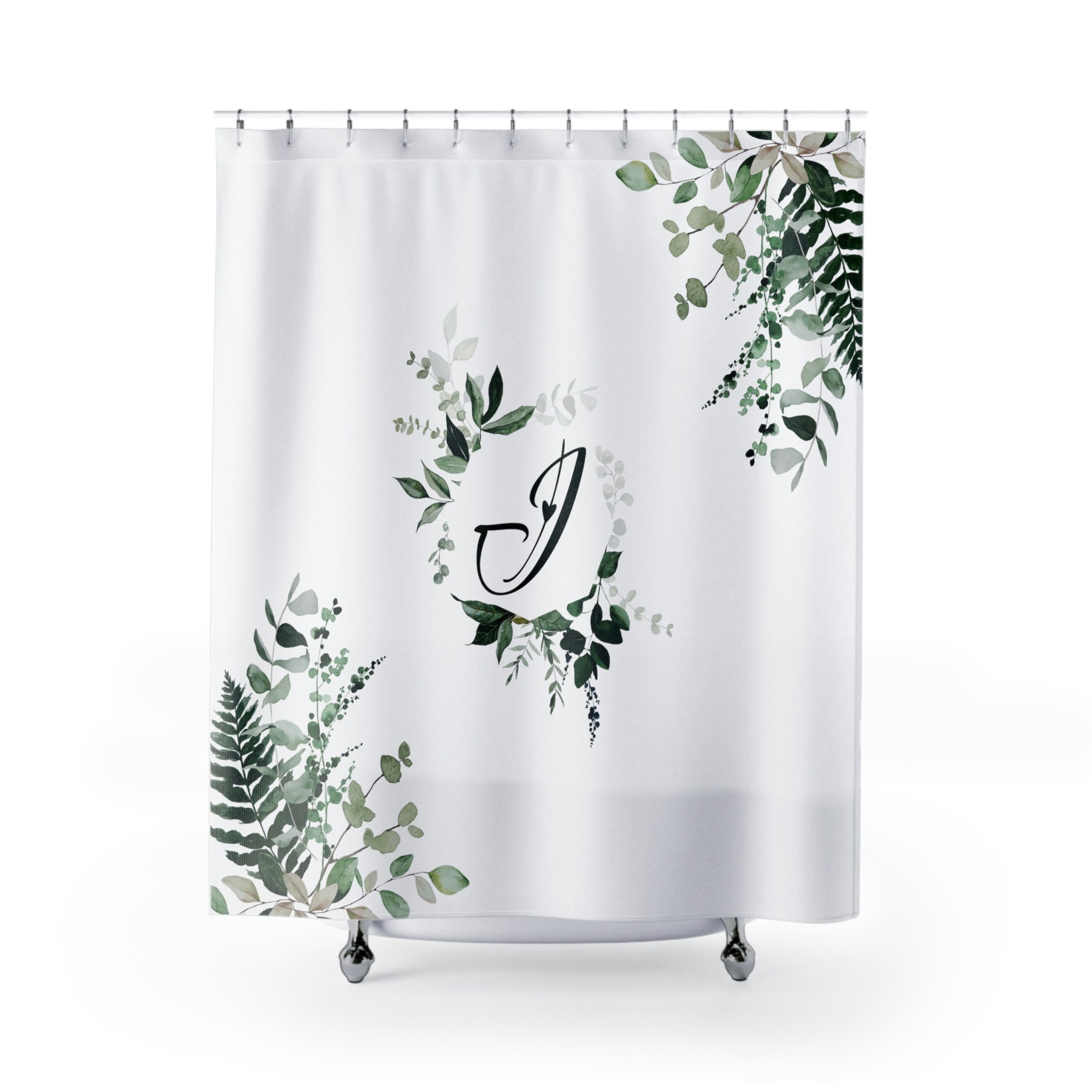 Romantic And Whimsical Botanical Greenery Ivy Eucalyptus Fern Monogramed Letter J White Shower Curtain