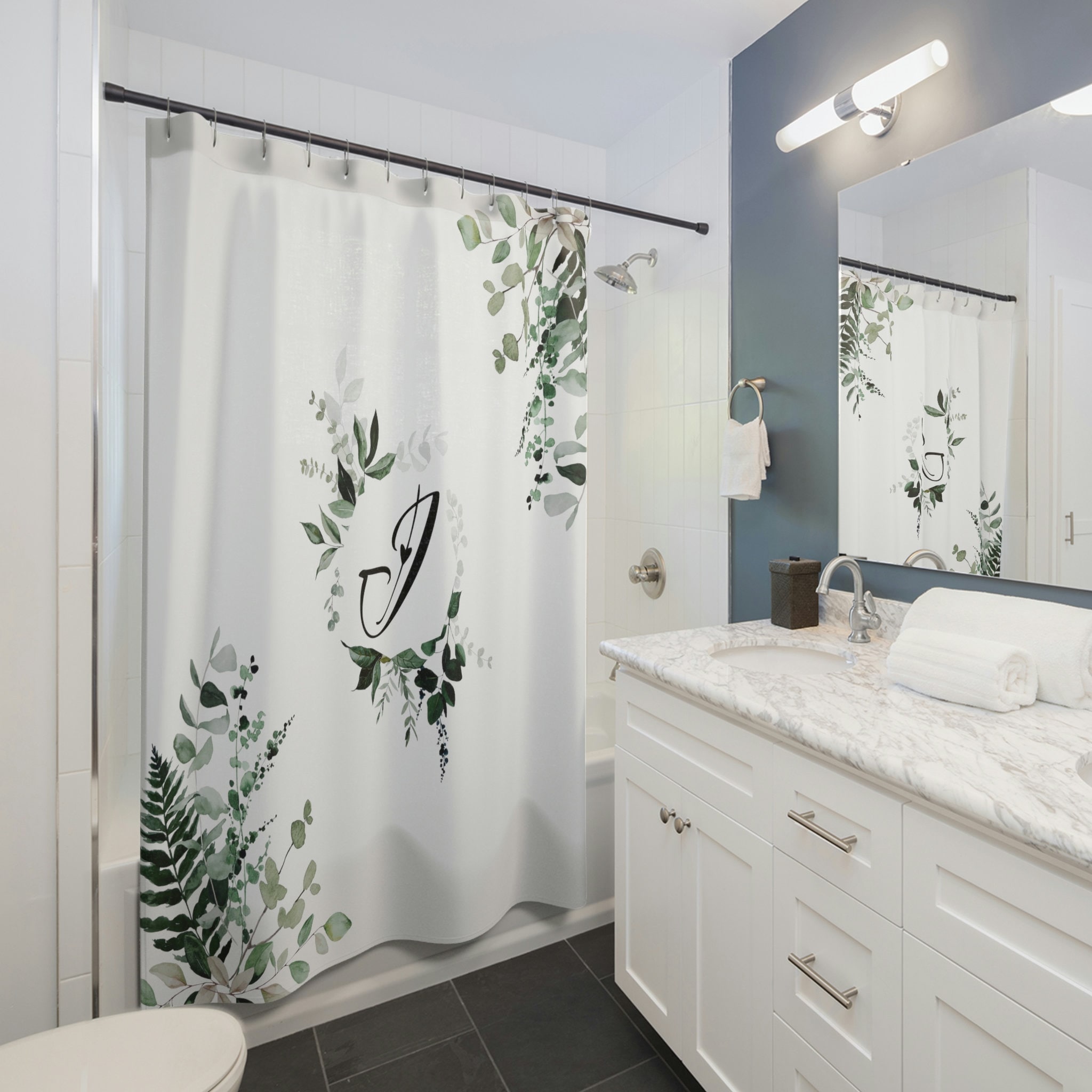 Romantic And Whimsical Botanical Greenery Ivy Eucalyptus Fern Monogramed Letter J White Shower Curtain - Image 2