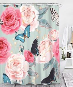 Romantic Cartoon Rose Flowers Floral Butterfly Fabric Shower Curtain For Bathroom Decor