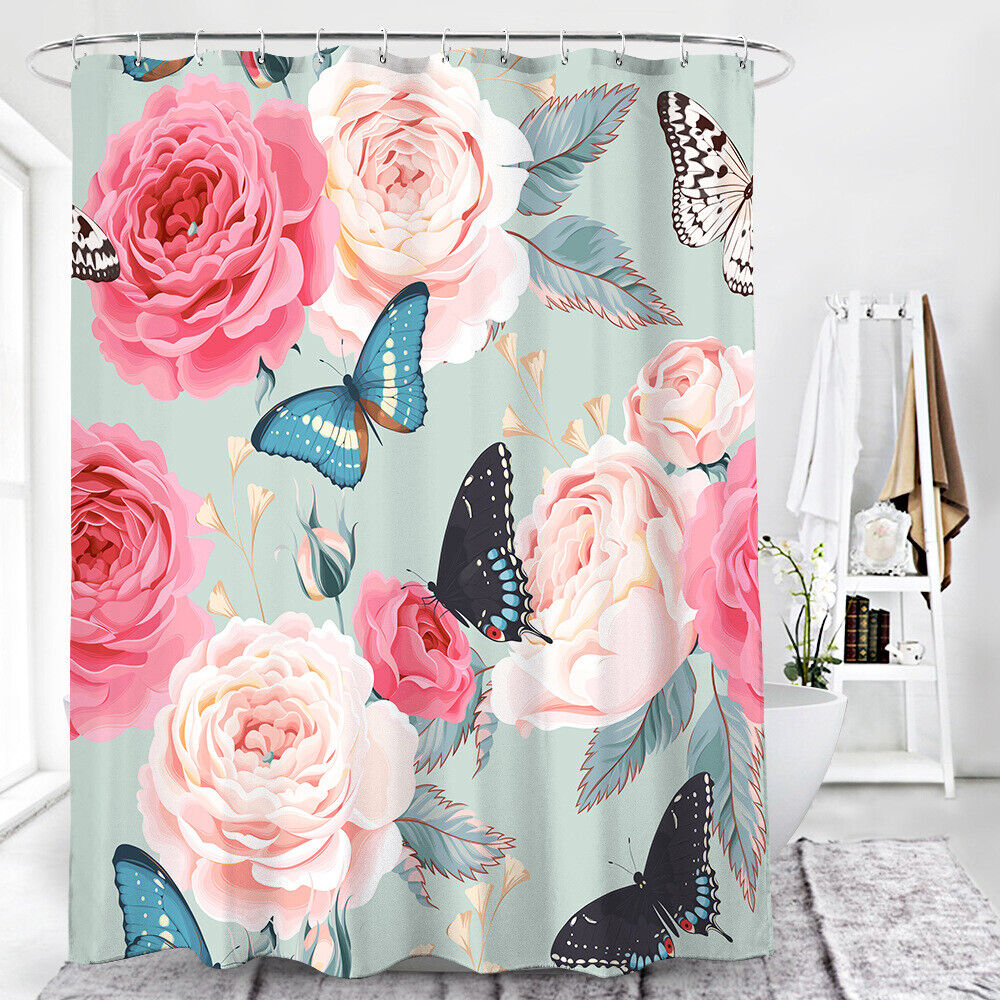 Romantic Cartoon Rose Flowers Floral Butterfly Fabric Shower Curtain For Bathroom Decor