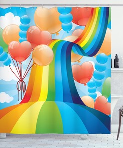 Romantic Cartoon Shower Curtain With Rainbow Romantic Hearts Print For Bathroom Decor