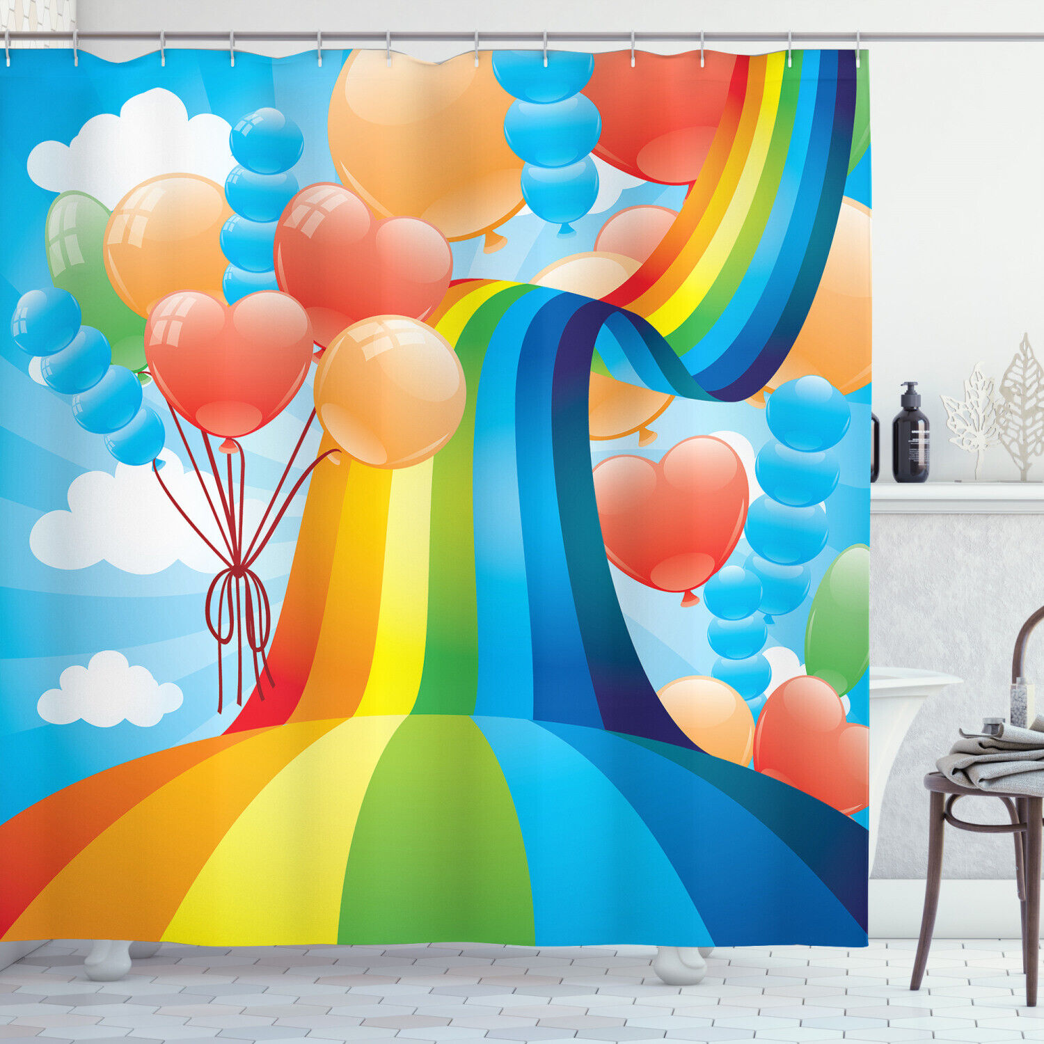 Romantic Cartoon Shower Curtain With Rainbow Romantic Hearts Print For Bathroom Decor