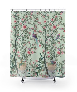 Romantic Cherry Blossom Birds Landscape Chinoiserie Shower Curtain Bathroom Accessory