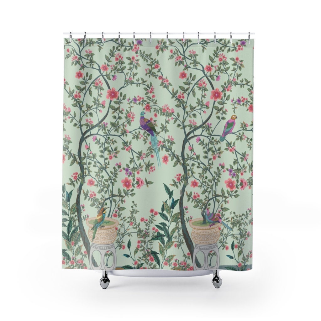 Romantic Cherry Blossom Birds Landscape Chinoiserie Shower Curtain Bathroom Accessory