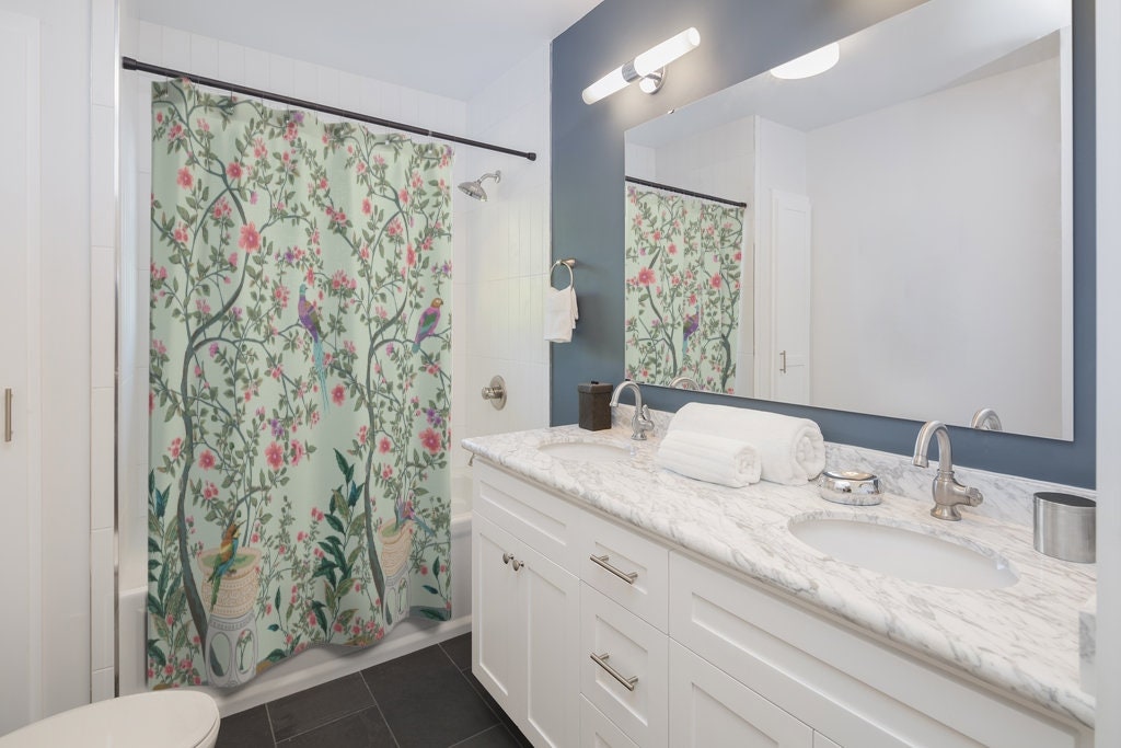 Romantic Cherry Blossom Birds Landscape Chinoiserie Shower Curtain Bathroom Accessory - Image 2