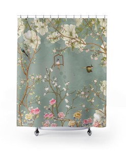Romantic Cherry Blossom Birds Landscape Chinoiserie Shower Curtain With Vintage Chinese Art Bathroom Accessory