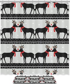 Romantic Christmas Deer Elk Pattern Printed Bathroom Tub Set With Waterproof Fabric Shower Curtain