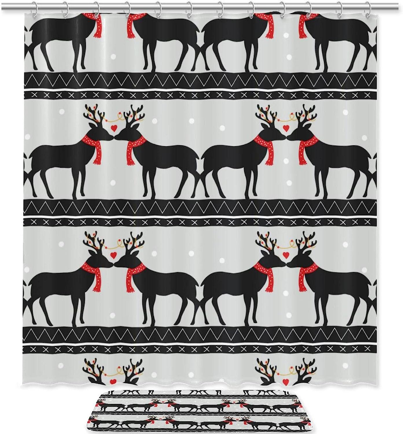 Romantic Christmas Deer Elk Pattern Printed Bathroom Tub Set With Waterproof Fabric Shower Curtain
