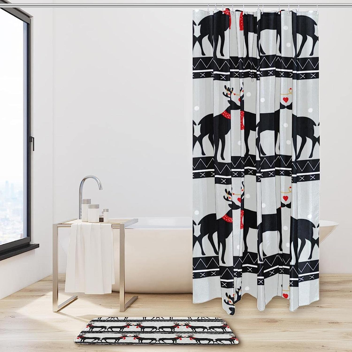 Romantic Christmas Deer Elk Pattern Printed Bathroom Tub Set With Waterproof Fabric Shower Curtain - Image 2