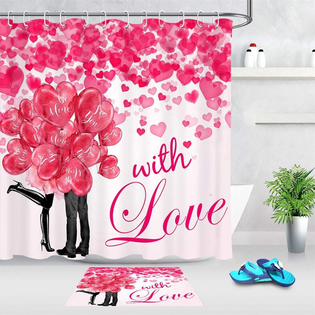 Romantic Couple Heart Balloons Valentine's Day Shower Curtain for Bathroom Decor