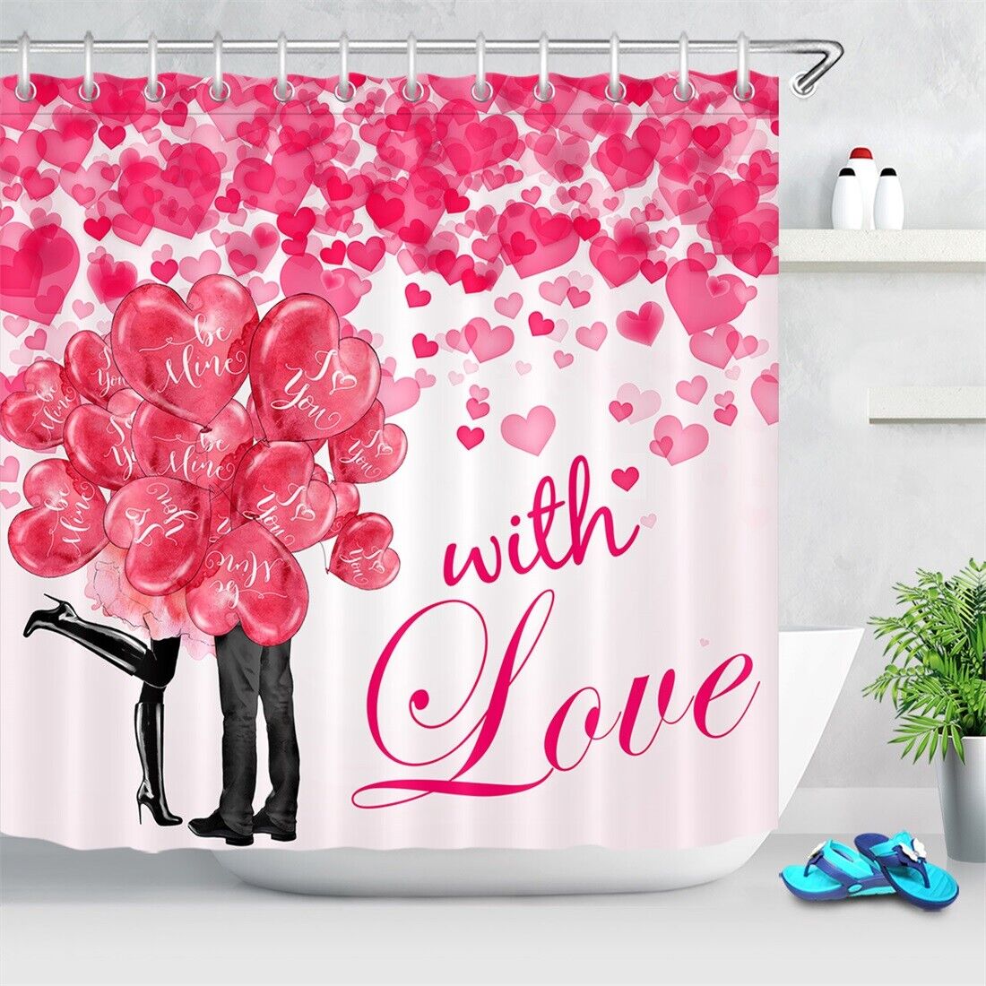 Romantic Couple Heart Balloons Valentine's Day Shower Curtain for Bathroom Decor