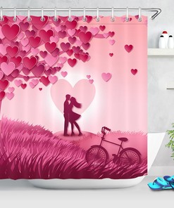 Romantic Couple and Pink Heart Tree Valentine's Day Shower Curtain for Bathroom Decor