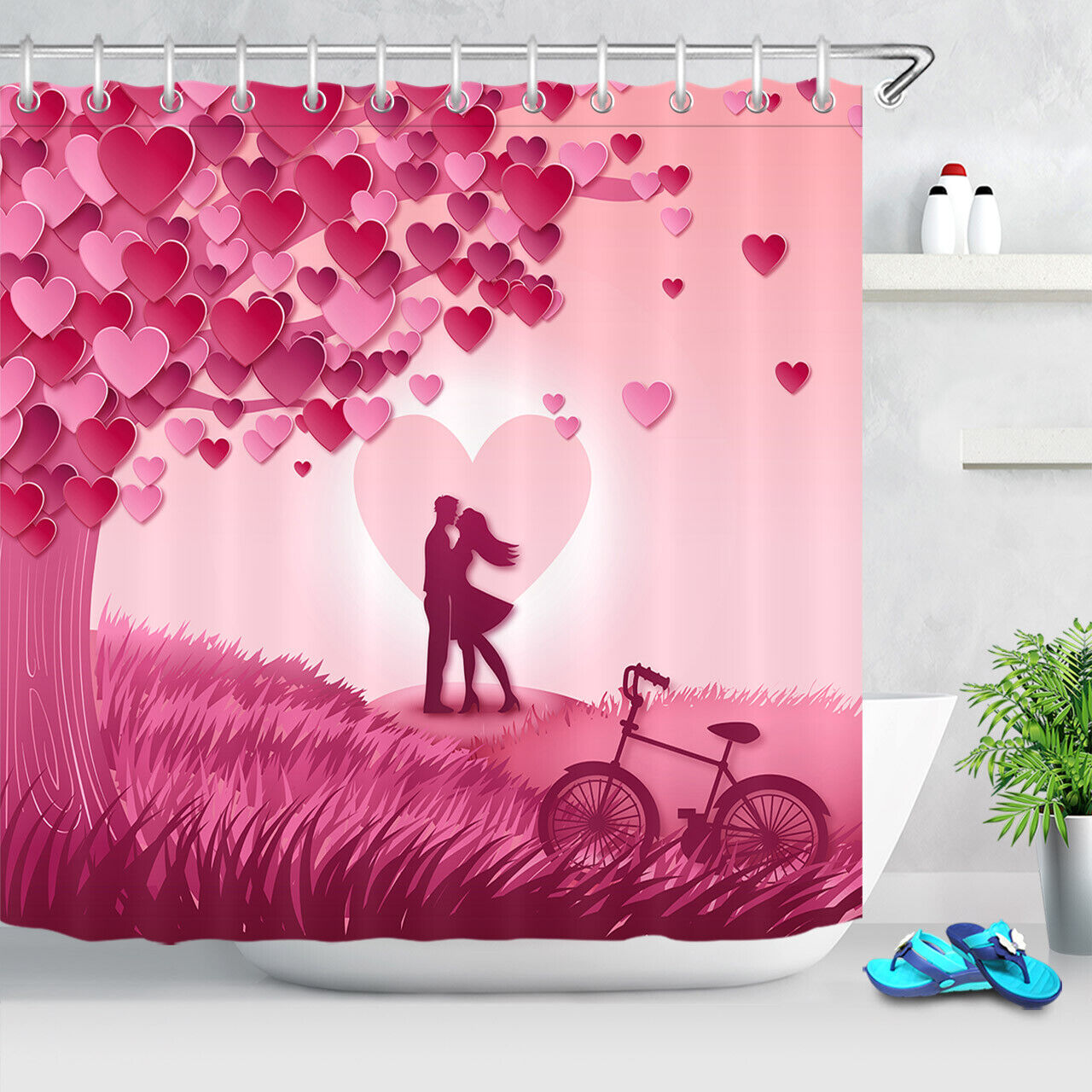 Romantic Couple and Pink Heart Tree Valentine's Day Shower Curtain for Bathroom Decor