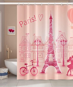 Romantic Couples Pink Eiffel Tower Themed Waterpoof Shower Curtain for Valentine's Day Bathroom Decor