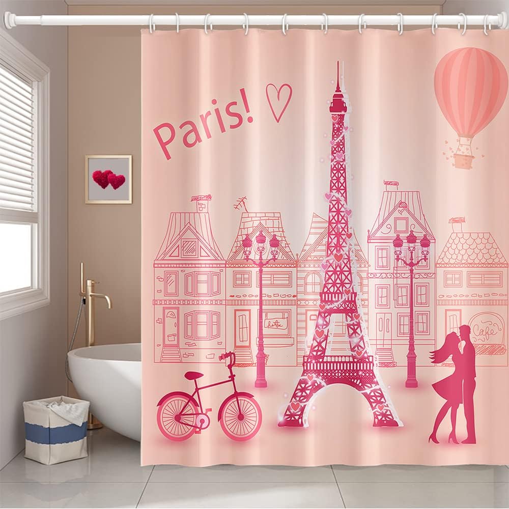 Romantic Couples Pink Eiffel Tower Themed Waterpoof Shower Curtain for Valentine's Day Bathroom Decor