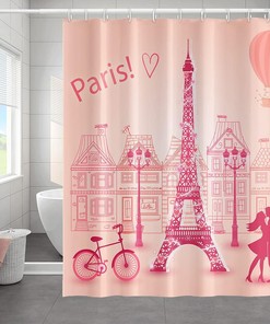 Romantic Couples Pink Eiffel Tower Themed Waterpoof Shower Curtain for Valentine's Day Bathroom Decor