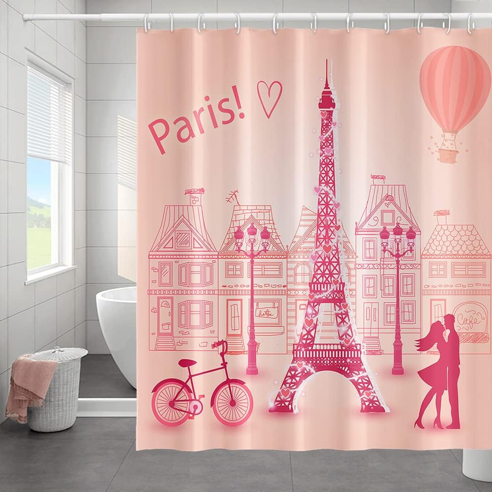 Romantic Couples Pink Eiffel Tower Themed Waterpoof Shower Curtain for Valentine's Day Bathroom Decor