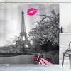 Romantic Eiffel Tower Shower Curtain, Monochrome Photo Pink Benches Print, Cloth Bathroom Decor