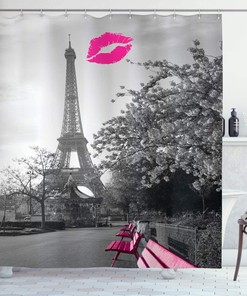 Romantic Eiffel Tower Shower Curtain, Monochrome Photo Pink Benches Print, Cloth Bathroom Decor