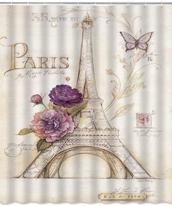 Romantic Eiffel Tower Shower Curtain With Butterfly And Purple Flower Design