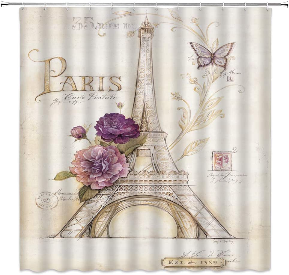 Romantic Eiffel Tower Shower Curtain With Butterfly And Purple Flower Design